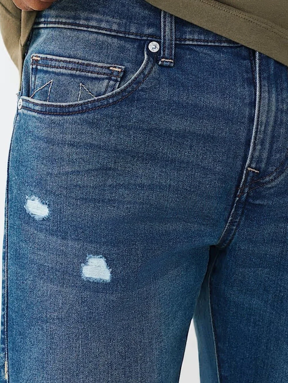True Religion Ricky RIP Repair Straight Jeans- Medium Blue Comet Wash